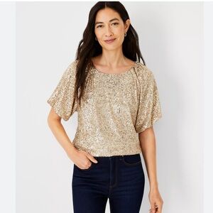 Ann Taylor Womens Medium Gold Sequins Raglan Sleeve Top Party Glam 598178 New